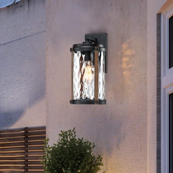 13.9 in. H 1-Light Matte Black Hardwired Outdoor Wall Lantern Sconce with and Barnwood accents