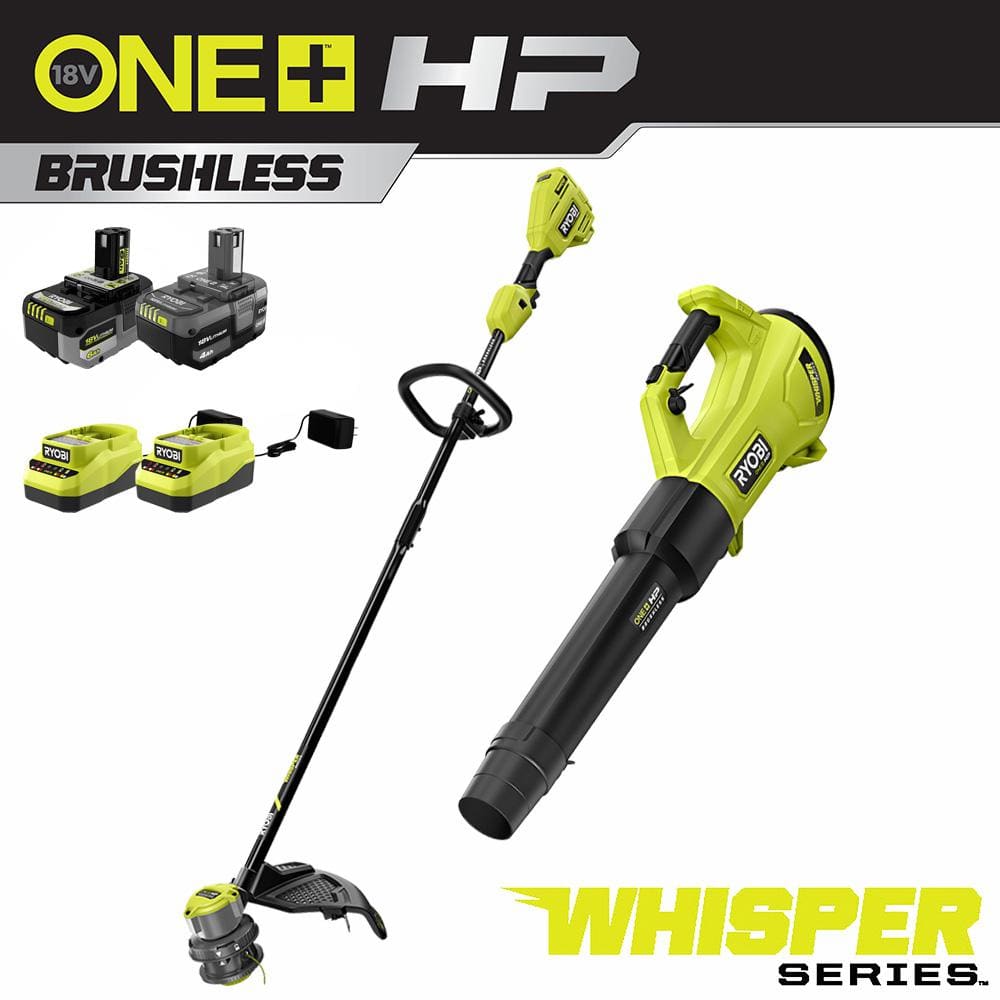 RYOBI ONE+ HP 18V Brushless Whisper Series Cordless String Trimmer and  Whisper Series Blower with (2) Batteries and Chargers P20190-2X The Home  Depot