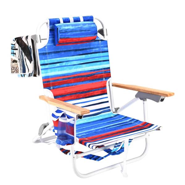 Otryad 1-Piece Blue Red Aluminum Backpack Folding Beach Chair, 5 Position Adjustable with Headrest and Storage Bag