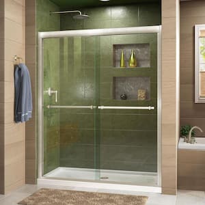 Duet 32 in. D x 60 in. W x 74.75 in. H Semi-Frameless Sliding Shower Door in Brushed Nickel and Center Drain White Base
