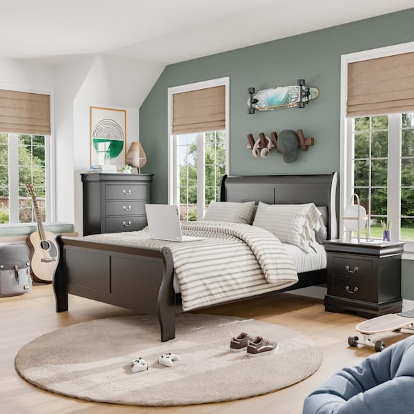 2 Piece Burkhart Black Wood Twin Bedroom Set with Nightstand