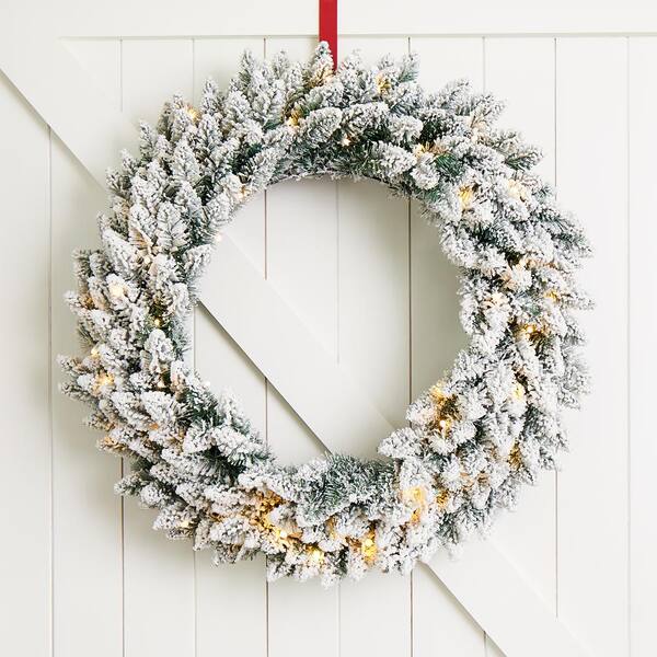 Glitzhome 24 in. D Pre-Lit Snow Flocked Greenery Pine Poinsettia Artificial  Christmas Wreath, with 50 White Lights with Timer 2016000016 - The Home  Depot