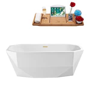 63 in. x 29 in. Acrylic Freestanding Soaking Bathtub in Glossy White with Polished Brass Drain