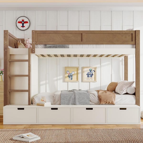 Wrenlee Beige Twin Over Twin Wood Bunk Bed with Built-in Wardrobe and Full-length Guardrails