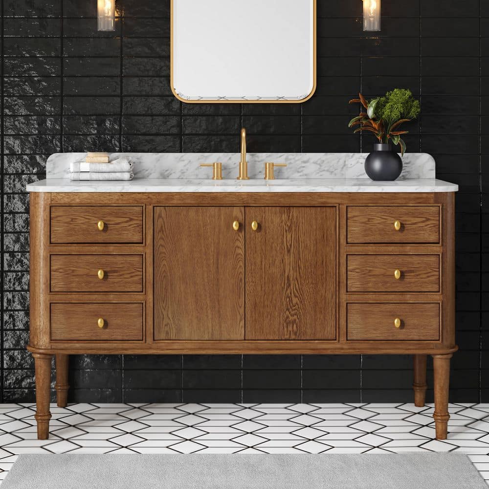 Collette 60 in. Single Sink Freestanding Bathroom Vanity in Cinnamon Oak with Carrara White Marble Top (Assembled) price history on PriceWatchPro