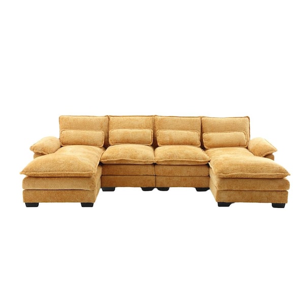HOMEFUN 110 in. Rolled Arm 4-piece U-Shaped Modular Chenille Boucle Sectional Sofa Couch in Yellow with 2-Cushions and 4-Pillows