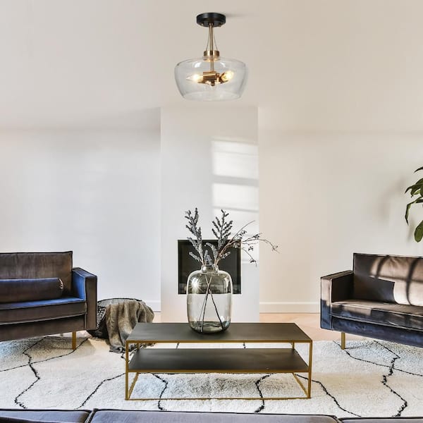 Modern 12 in. 3-Light Black Semi-Flush Mount Light, Brass Pendant Ceiling Light with Clear Bowl Glass for Dining Room
