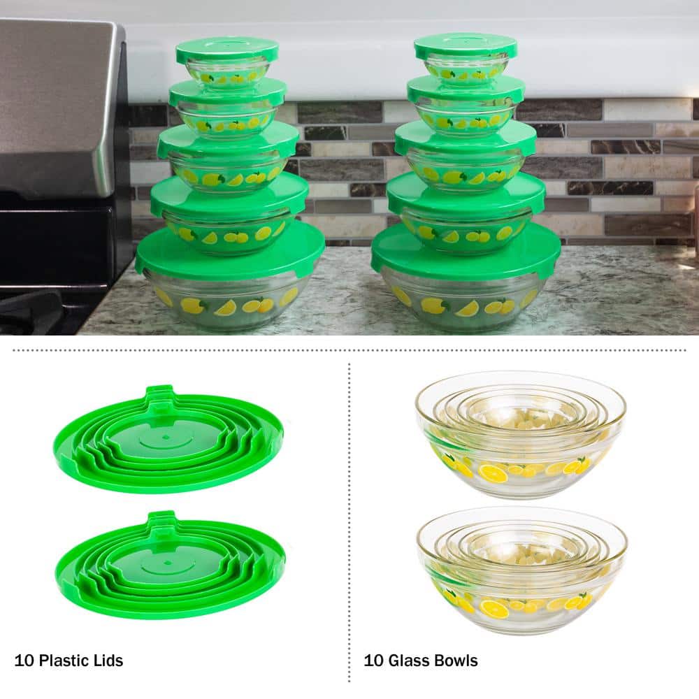 20-Piece Lemon Design Glass Bowls with Green Lids Set
