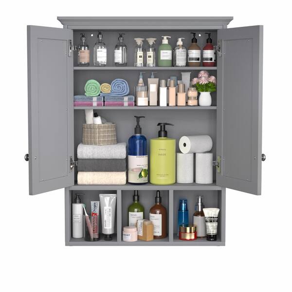 VEIKOUS 23.6 in. W x 30.4 in. H Rectangular Surface-Mount Bathroom Medicine Cabinet with Mirrors and Shelves in Gray