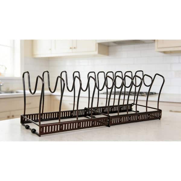 Bronze Expandable Standing Pot Rack with 10-Adjustable Compartment for Kitchen Cookware and Pot Lid Storage