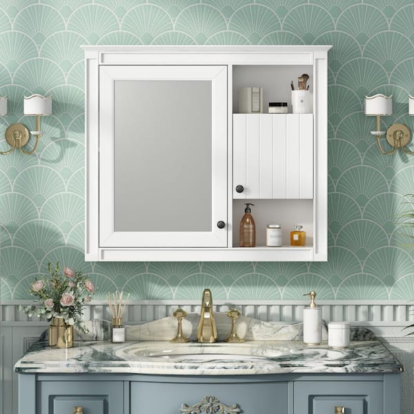 15 in. W. x 30 in. H Single-Door Rectangular Bathroom Medicine Cabinet with Mirror, Bath Wall Cabinet in Silver