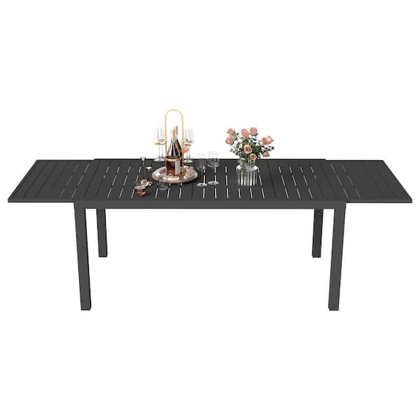 Black Rectangular Aluminum Standard Height Outdoor Dining Table with Extension and Umbrella Hole