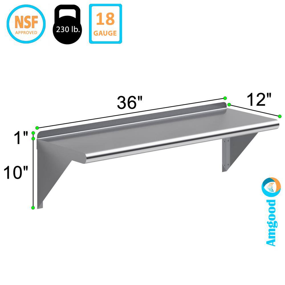36'' Stainless Steel Wall Shelf with Brackets and Backsplash