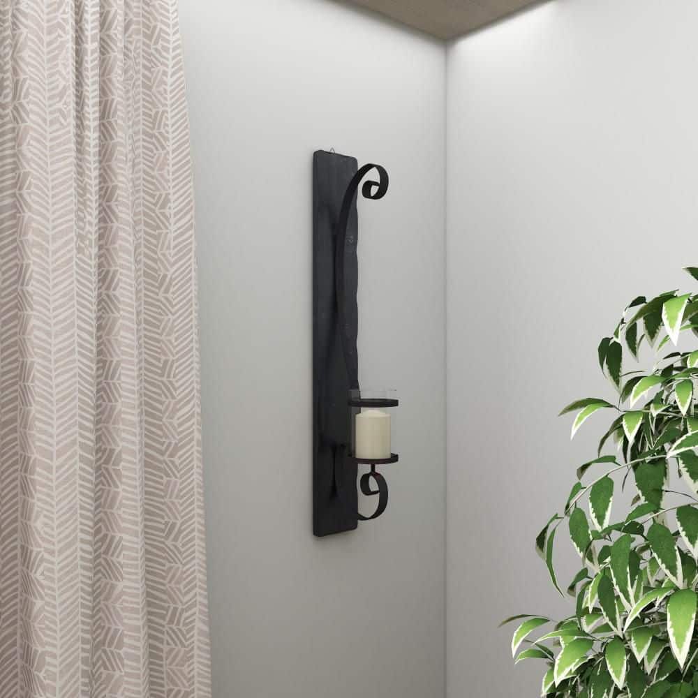 Black Metal and Wood Wall Sconce with Hurricane Glass