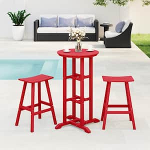 Laguna 3-Piece HDPE Weather Resistant Outdoor Patio Bar Height Bistro Set with Saddle Seat Barstools, Red