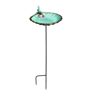11 in. Tall Antique Brass Plated Scallop Shell Birdbath and Feeder with Stake