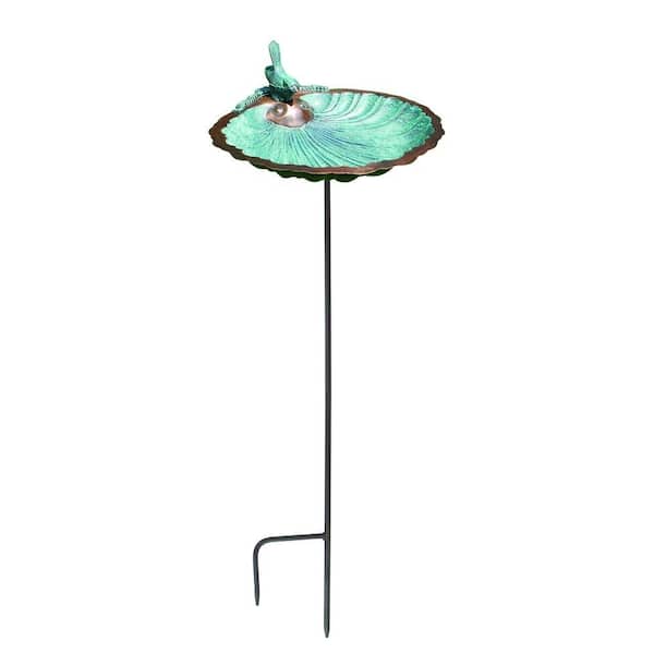 Achla Designs 11 in. Tall Antique Brass Plated Scallop Shell Birdbath and Feeder with Stake
