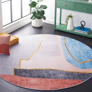 Tacoma Beige/Blue 6 ft. x 6 ft. Machine Washable Abstract Striped Geometric Round Area Rug