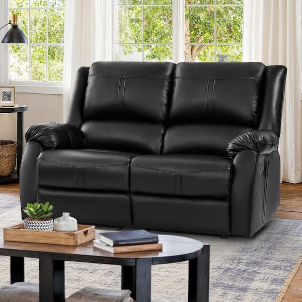 Jackson 59 in. W Rolled Arm Leather Upholstered 2-Seater Push Back Rectangle Recliner Loveseat in Black