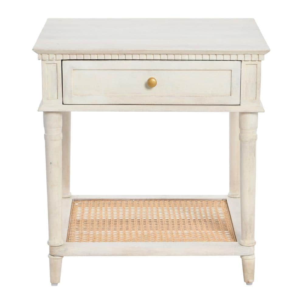 Distressed White Wood End Table with Cane Shelf and Drawer