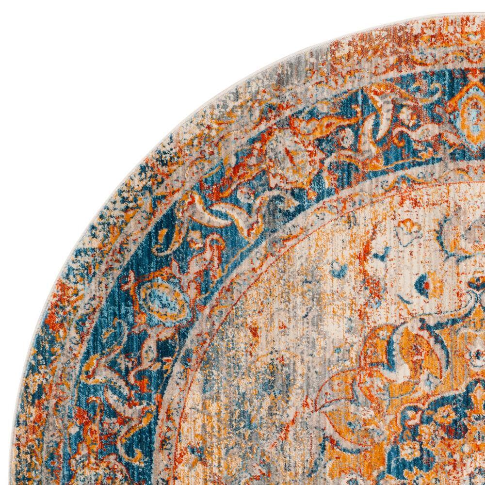 Vintage Blue Round Synthetic Easy Care Area Rug