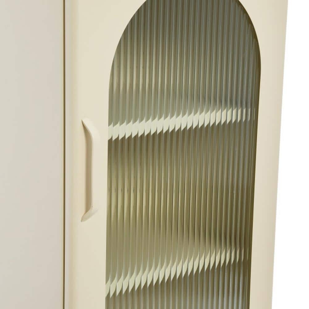 Cream Metal Accent Cabinet with Arched Glass Door and Adjustable Shelves