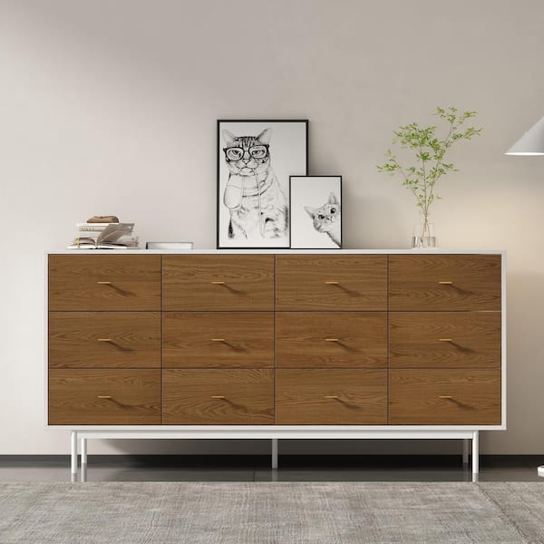 FUFU&GAGA Brown Wood 63 in. W Sideboard Buffet Pantry Cabinet Kitchen Storage Cabinet Cupboard with 12-Drawers