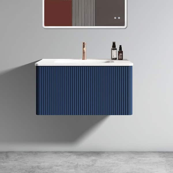 MEDUNJESS Aaby 30 in. W x 18 in. D x 15 in . H Wall Hung Floating Bath Vanity Cabinet in Navy Blue with White Ceramic Top and Sink
