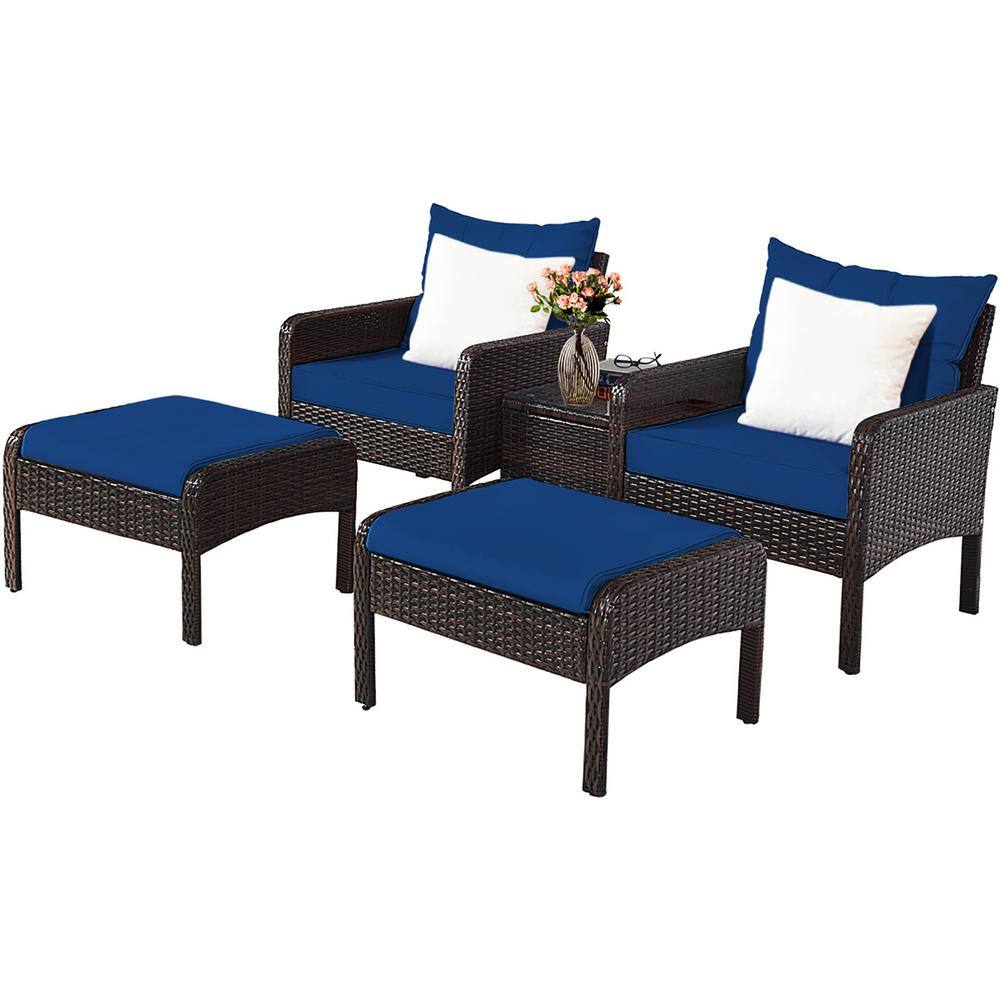 Costway 5 Piece Patio Rattan Wicker Furniture Set Sofa Ottoman Coffee Table Cushioned Navy QD