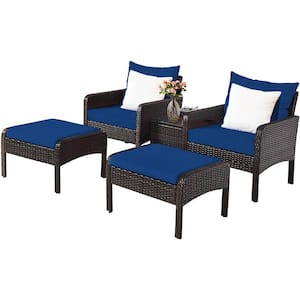 5 -Piece Patio Rattan Wicker Furniture Set Sofa Ottoman Coffee Table Cushioned Navy