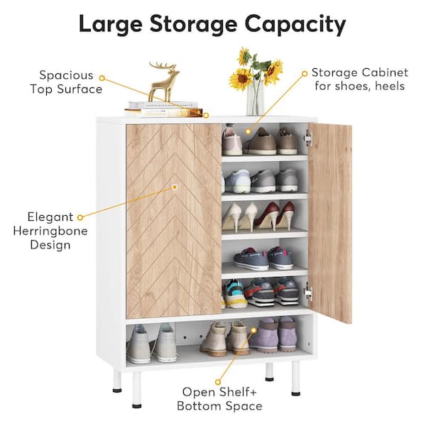 Natural Rattan Shoe Cabinet, 5-Tier Shoe Rack Storage Organizer with Doors,  Metal Legs, Entryway Shoe Cabinet for Modern Heels, Boots, Entrance