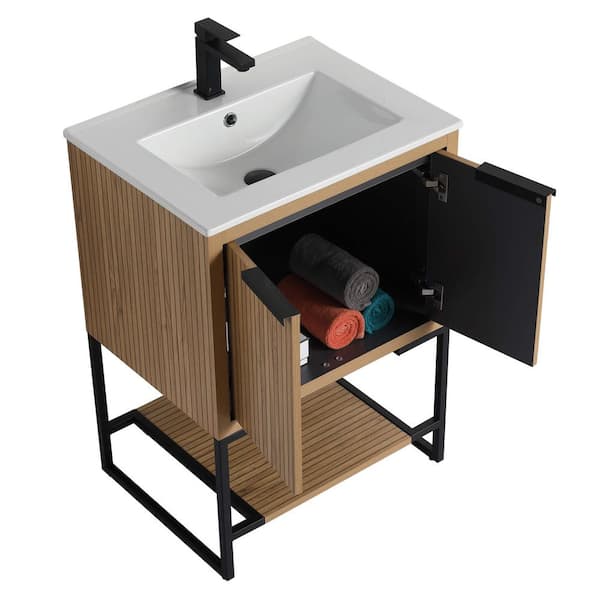 Kingsford 24 in. Freestanding Bath Vanity in Bright Oak with Doors and White Ceramic Sink Top
