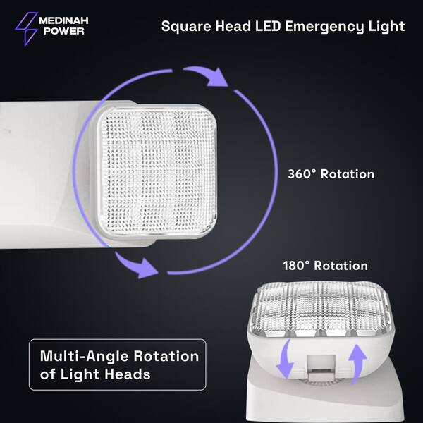 Medinah Power LED Emergency Light with 2 Square Adjustable Flood Lamps, 90 Min Backup, Damp Rated, UL Listed, 120/277VAC, White DH-EL-SQ