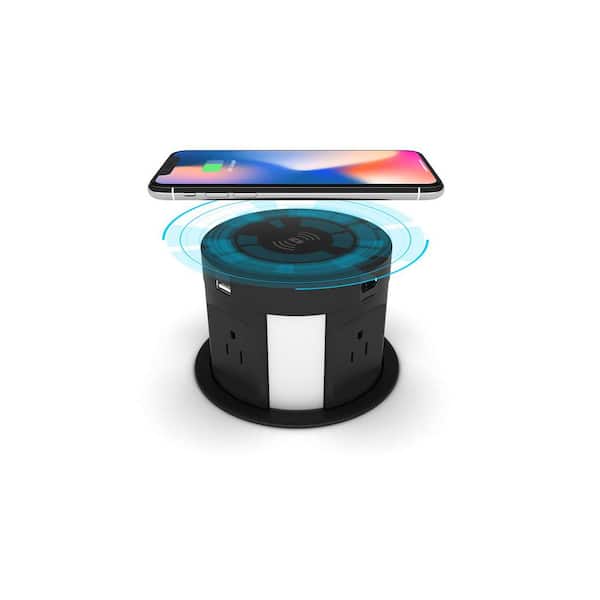 Lukyamzn 4-Outlet Recessed Automatic Pop Up Power Strip Power Surge Protector in Black with Wireless Charger USB Charging Station