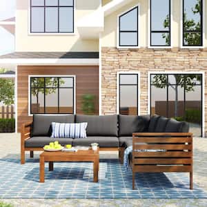 4-Piece Wood Outdoor Sectional Sofa Set with Gray Cushions