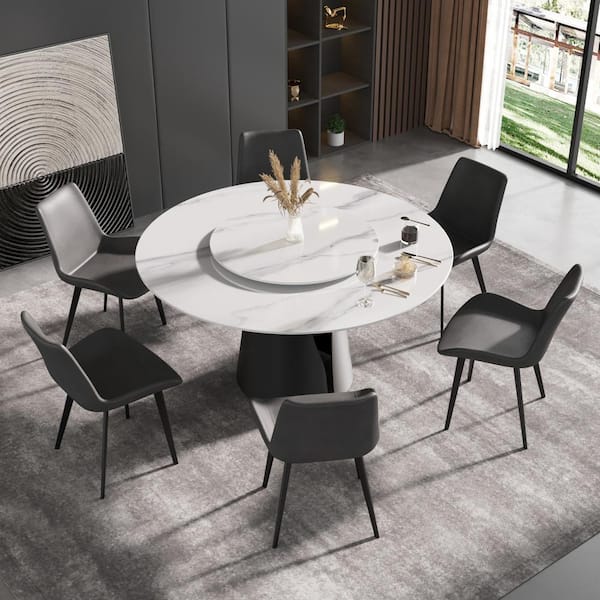J&E Home 59.05 in. White Modern Round Sintered Stone Tabletop Dining Table With Carbon Stainless Steel (Seats PVS-DT0141DW150 The Home Depot