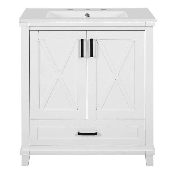 Virubi 30 in. W White Rustic Bath Vanity with White Ceramic