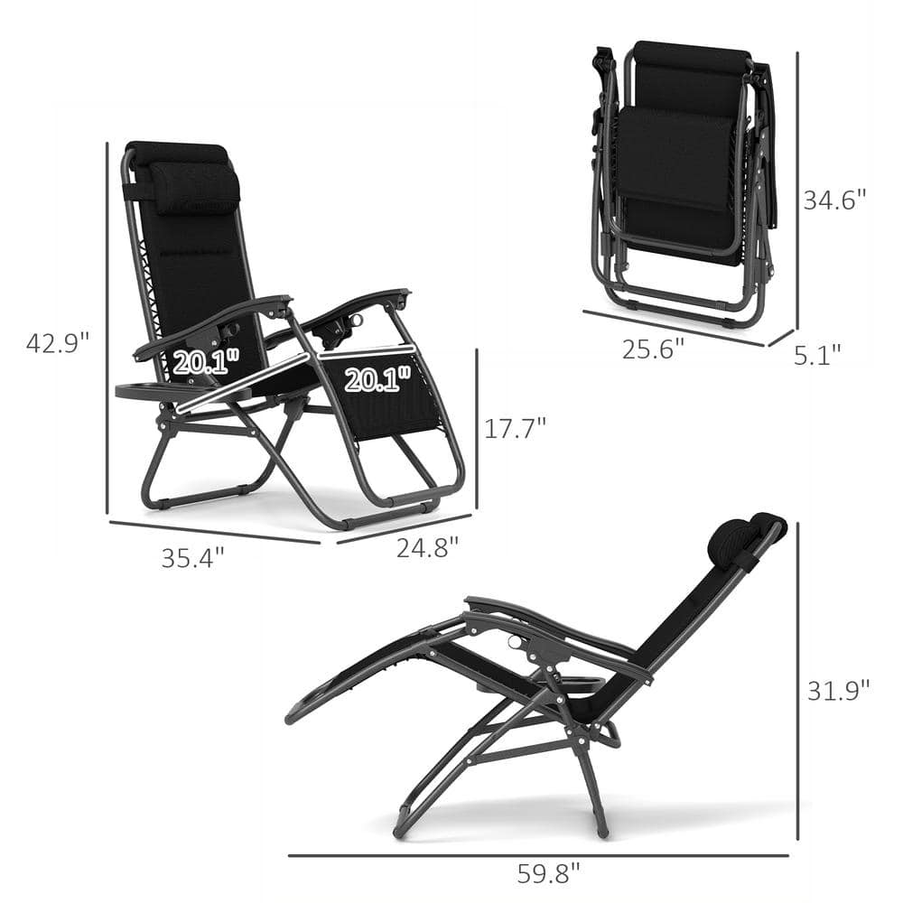 Black Steel Zero Gravity Outdoor Lounge Chairs with Cushions and Tray, Set of 2