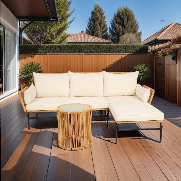 Tenleaf 3-Piece Natural Yellow Wicker Patio Conversation Set with Creme Cushion
