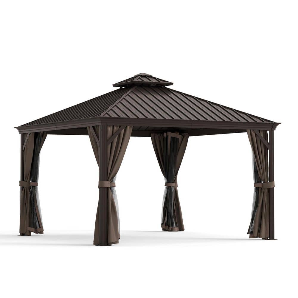 12 ft. x 12 ft. Double Roof Hardtop Aluminum Patio Gazebo with Netting and Brown Curtains price history on PriceWatchPro