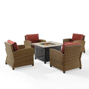 Bradenton Weathered Brown 5-Piece Wicker Patio Fire Pit Set with Sangria Cushions