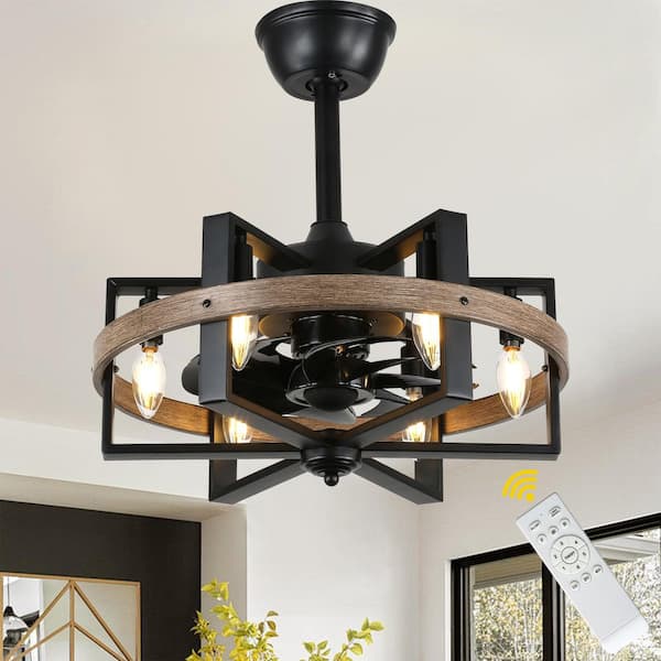 Vintlume 18 in. Industrial Brown Caged Ceiling Fan with Light Kit and Remote, 6 Speed Fandelier