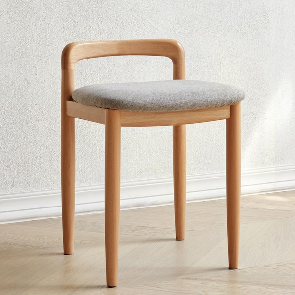 Harper & Bright Designs 16.5 in. Natural 100% Solid Beech Wood Low Back Make-up Stool with Upholstered Seat