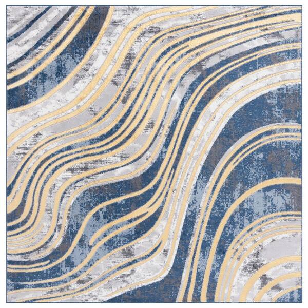 Amelia 7 ft. x 7 ft. Square Blue/Gold Wavy Swirl Area Rug