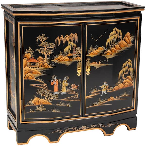 Black Lacquer Landscape 32 in. Sideboard