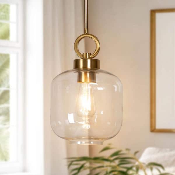 1-Light Electroplate Brass Island Pendant Light with Clear Glass Shade