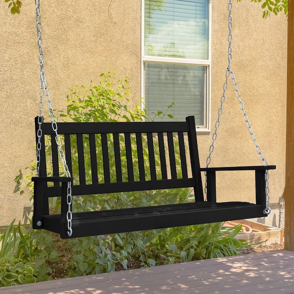 VEIKOUS 5 Ft. Black Outdoor Wooden Patio Porch Swing With Chains And ...