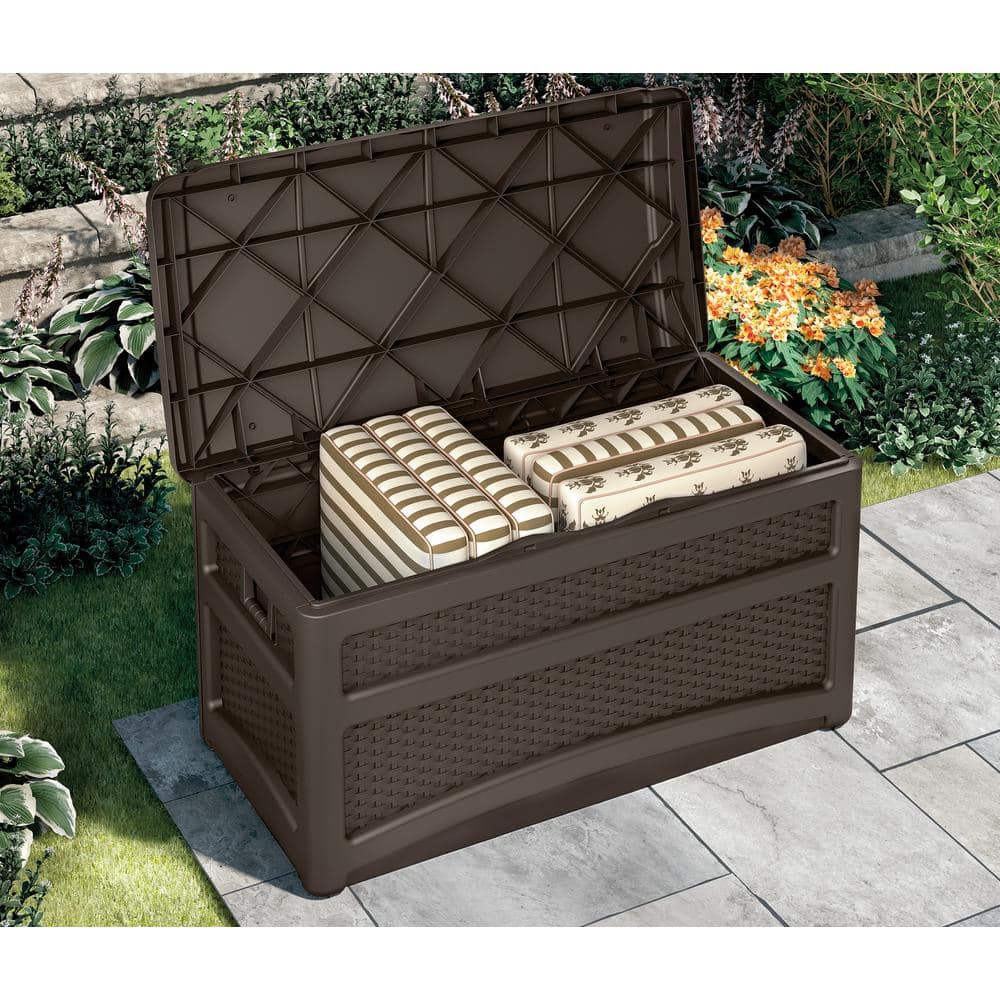 Brown Lockable Plastic Wicker Deck Box with Wheels