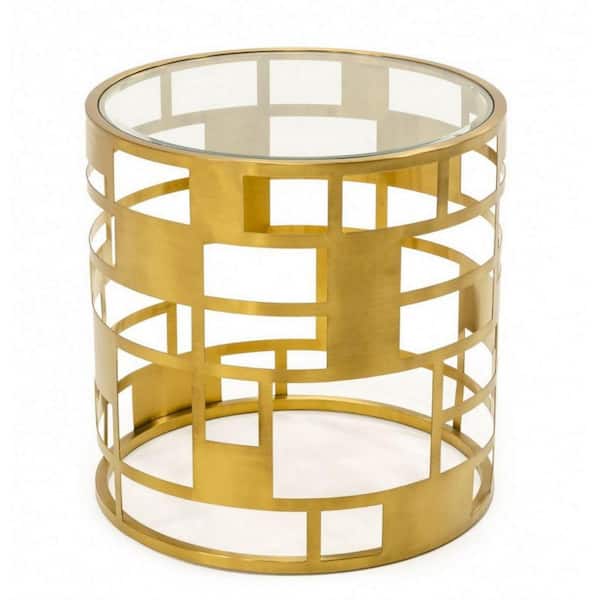 Benjara 23.6 in. Gold Round Glass End Table with Geometric Cutout