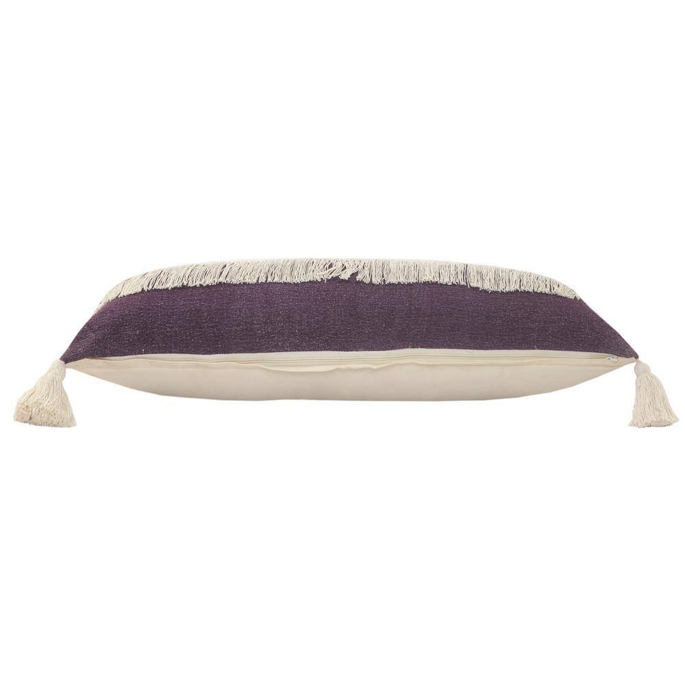 Purple and Off-White Cotton Fringe Lumbar Pillow, 14" x 36"